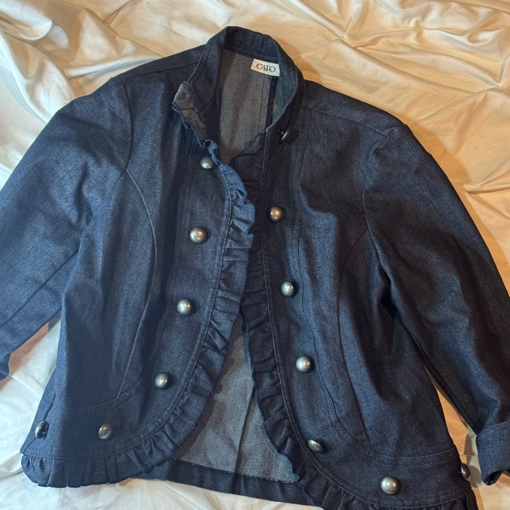 Cato Dark Blue Jean Jacket with Ruffle Trim